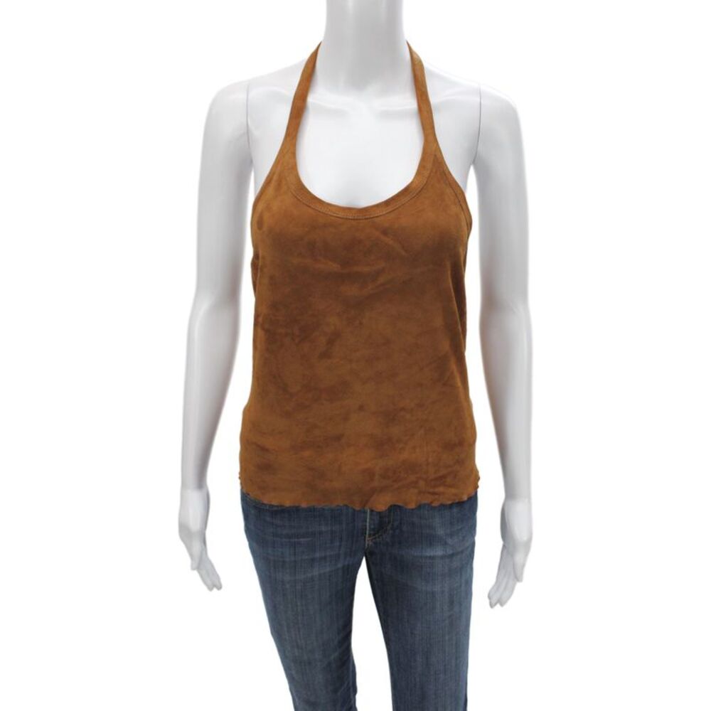 Stouls Womens Leather Camisole Brown Round Neck Sleeveless Size M